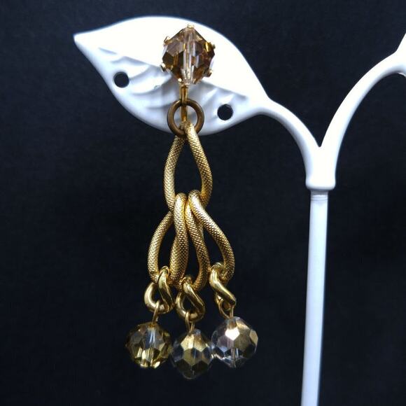 Vintage Crystal Beaded Earrings, Gold Metallic Clear Beads,  2 Inches - Picture 2 of 10